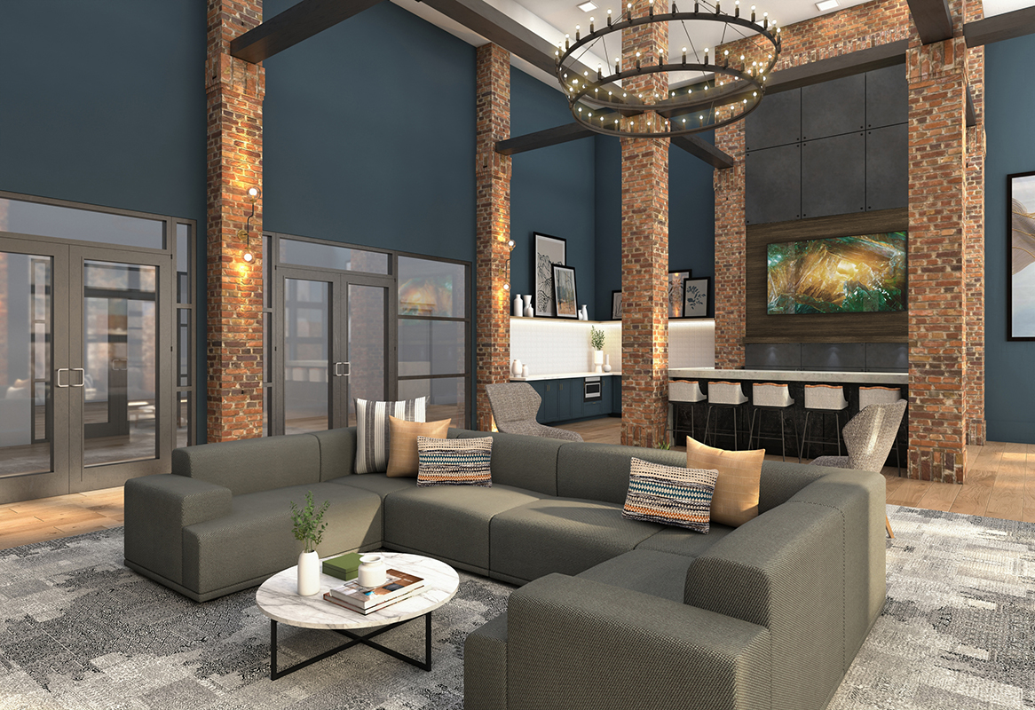 Clubhouse lounge rendering with wood-style flooring, chair, couch, and bar seating, and TV