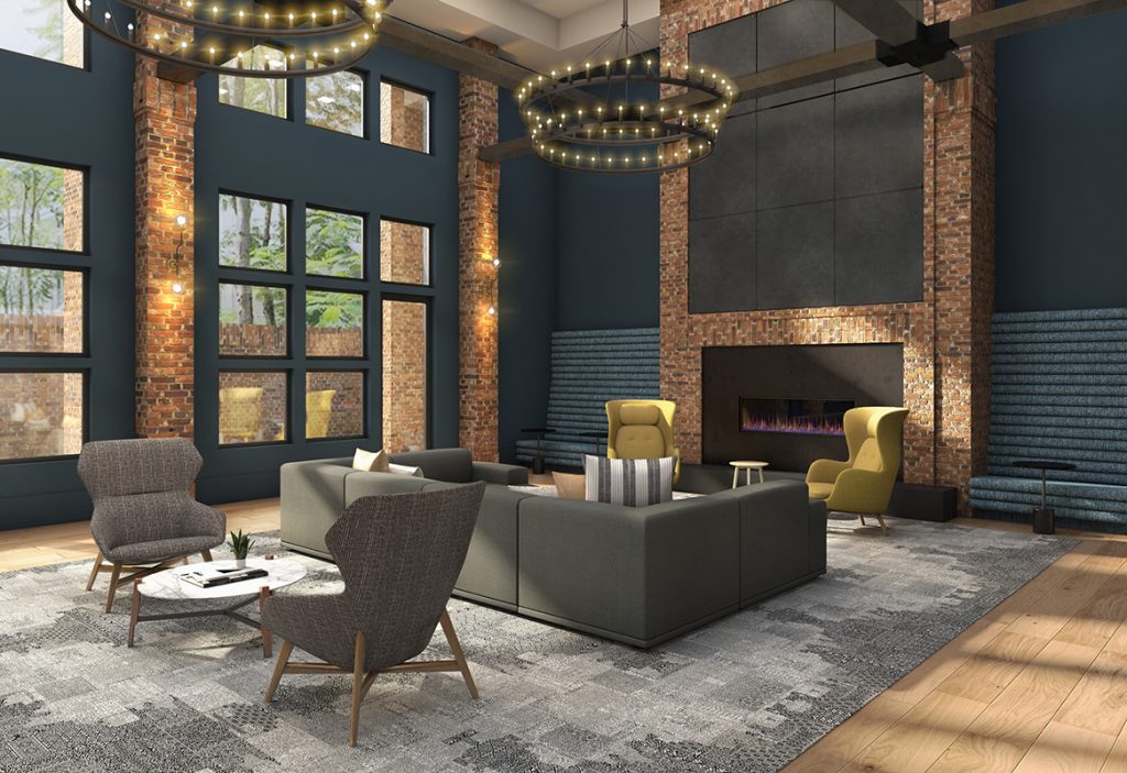 Clubhouse lounge rendering with wood-style flooring, chair and couch seating, fire pit, and outdoor courtyard access
