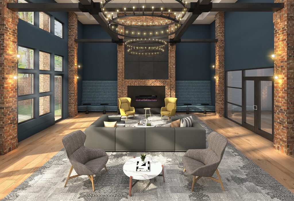 Clubhouse lounge rendering with wood-style flooring, chair and couch seating, fire pit, and outdoor courtyard access