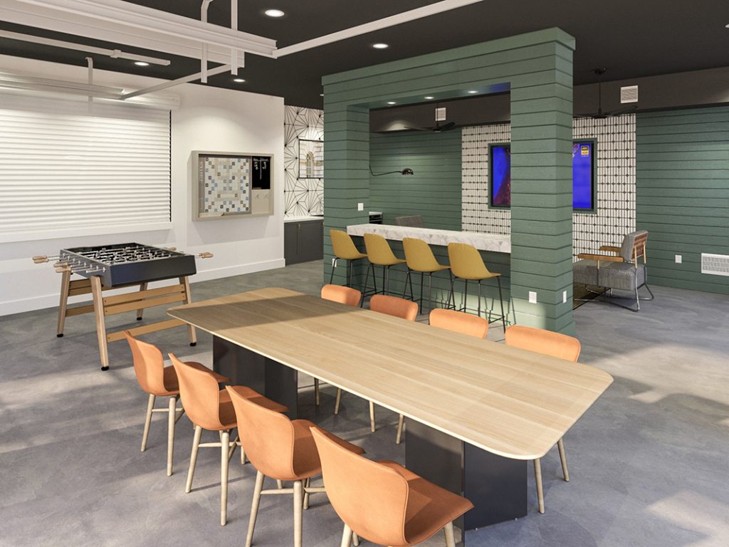Clubhouse lounge rendering with table and bar seating, TV, and a foosball table