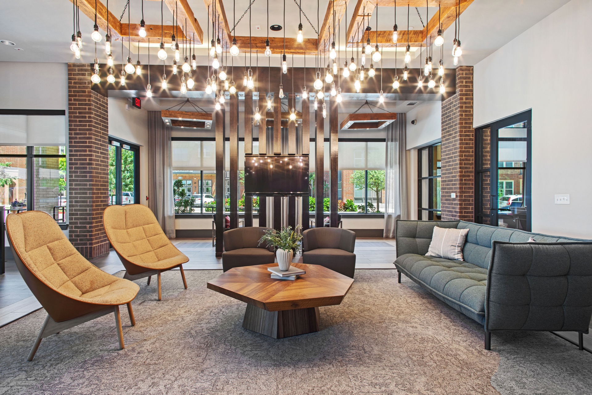 interior clubhouse with seating and light fixture